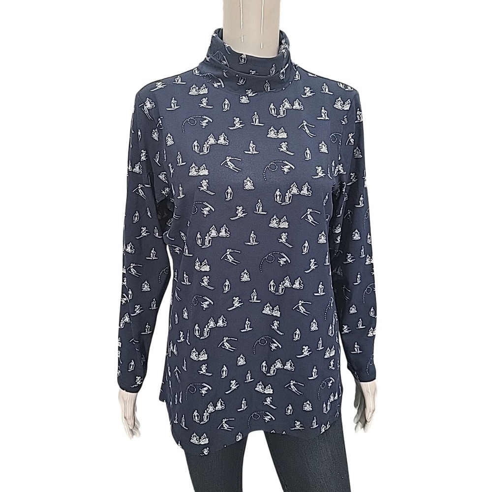 Womens Top Petite Large Size Blue with Graphic Print Long Sleeves Tee Shirt